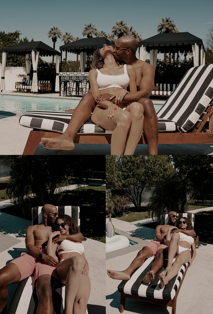 engagement photos of couple lounging on pool chairs wearing sunglasses