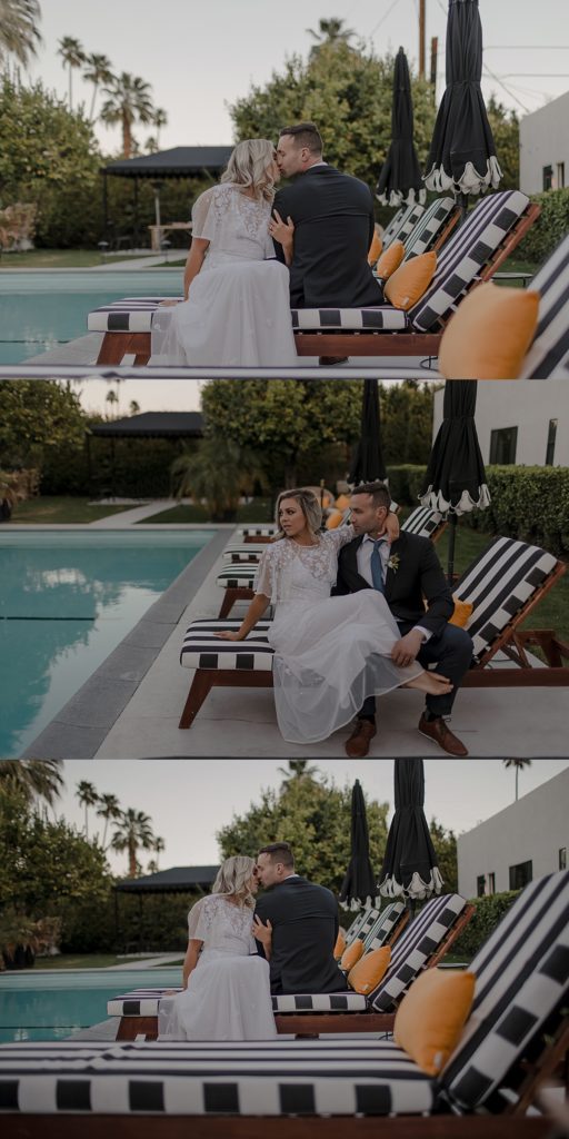 couple sitting at pool during their intimate wedding day 